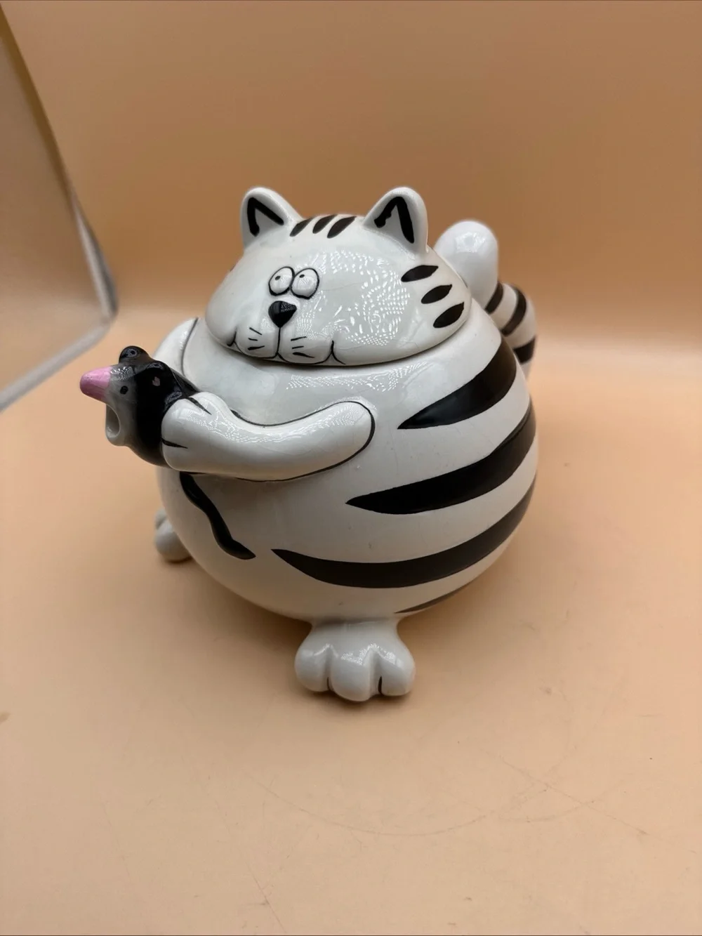 Pier 1 White and Black Striped Cat Toy Figurine with Pink Accent